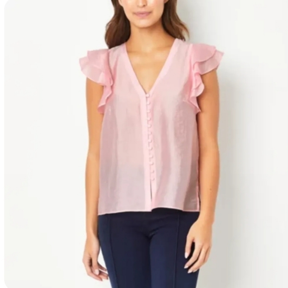3/$25 Ryegrass V Neck Ruffle Sleeve Tencel Blouse in Buckingham Rose size XL
